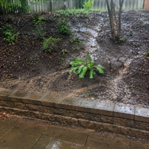 Rainwater runoff causing soil erosion behind a retaining wall.