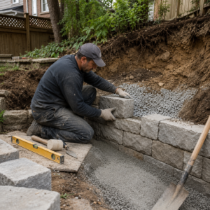 Mason repairing an erosion-damaged retaining wall with drainage gravel.