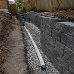 Drainage stone and perforated pipe behind a retaining wall.