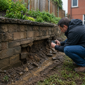 Homeowner inspecting erosion near a retaining wall after rain.