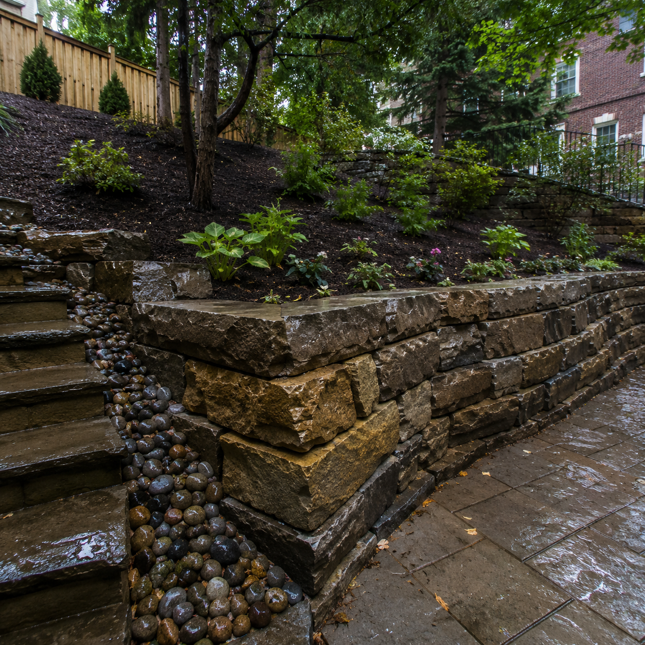 Stone retaining wall controlling erosion in a sloped Toronto backyard.