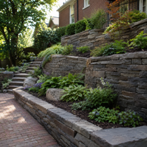 Tiered natural stone retaining wall controlling erosion on a sloped yard.