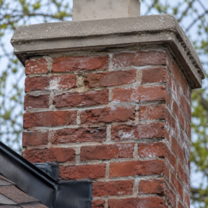 Chimney showing spalling brick, failing mortar, and water staining.