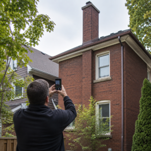Homeowner checking chimney damage from ground level.