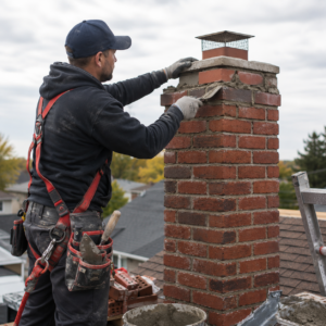 Mason repairing upper chimney brick and mortar on a Toronto home.