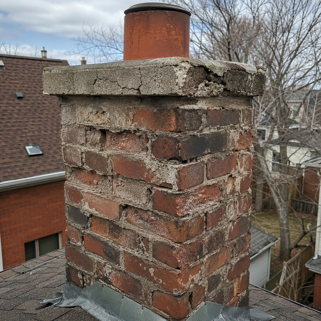 Older Toronto brick chimney showing spalling brick and cracked mortar.