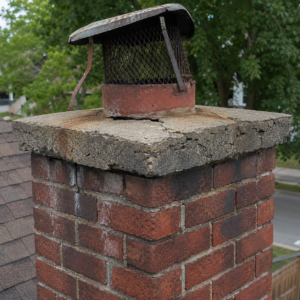 Damaged chimney crown and loose cap causing upper chimney moisture issues.