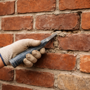 Bricklayer preparing damaged mortar joints for repair on a Toronto home