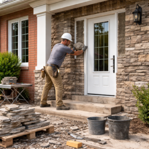 Mason installing stone veneer around a Toronto front entry