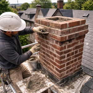 Brick chimney in Toronto receiving tuckpointing and mortar repair