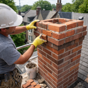 Mason replacing damaged bricks during chimney restoration in Toronto