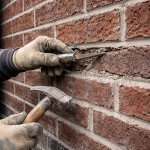 Mason preparing deteriorated mortar joints for tuckpointing in Toronto