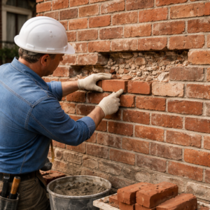 Mason replacing damaged bricks on a Toronto heritage-style home