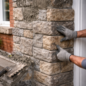 Close-up of stone veneer installation detail on a Toronto home