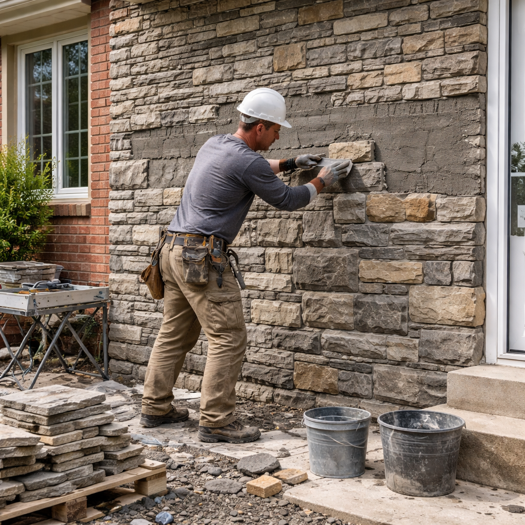 Stone veneer installation on the front of a Toronto home