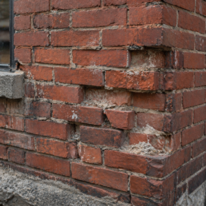Close-up of damaged brickwork and deteriorated mortar on a Toronto home