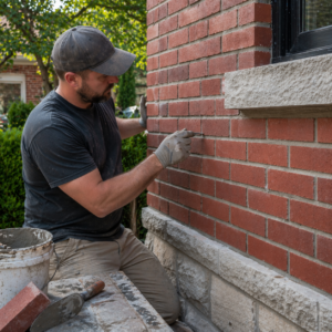 Mason carefully matching brick and mortar on a Toronto home