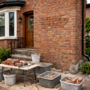 Fast brick wall repair in progress on a Toronto home