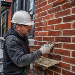 Mason restoring heritage brick joints on a Toronto façade