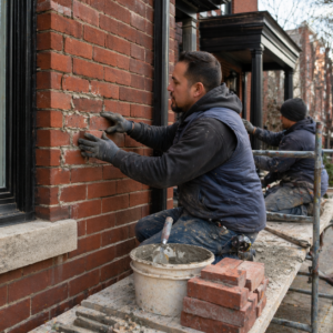 Masonry crew repairing a front brick wall on a Toronto home