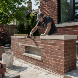 Mason building a custom brick feature on a Toronto property