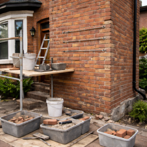 Brick chimney or wall stabilization repair in progress on a Toronto home