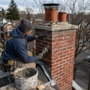 Brick and chimney repair in progress on a Toronto home