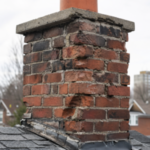 Deteriorated chimney with visible brick and mortar damage in Toronto