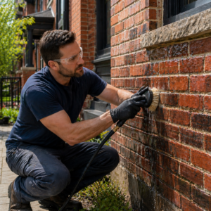 Mason cleaning brick on a Toronto home exterior