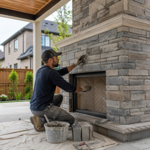 Mason building a fireplace feature in Toronto