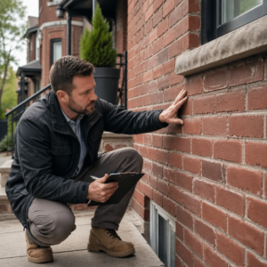 Mason inspecting brickwork on a Toronto home during an estimate
