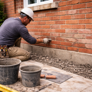 Mason repairing lower brickwork at the base of a Toronto home