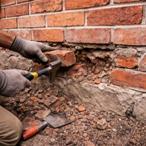 Damaged foundation bricks being prepared for repair on a Toronto home