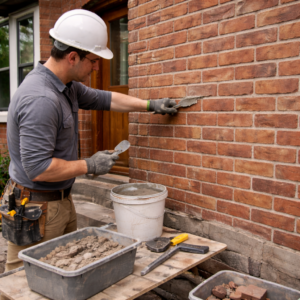 Mason repointing mortar joints on a Toronto home exterior