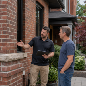 Mason reviewing masonry project details with a Toronto homeowner