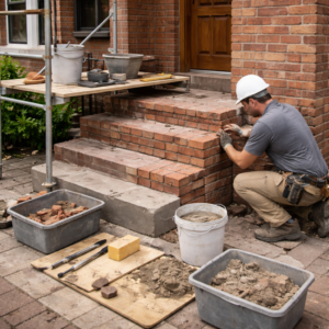 Brick porch or chimney repair in progress on a Toronto home