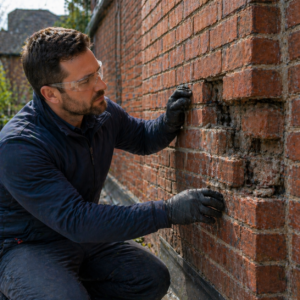 Mason stabilizing urgent brick damage on a Toronto home