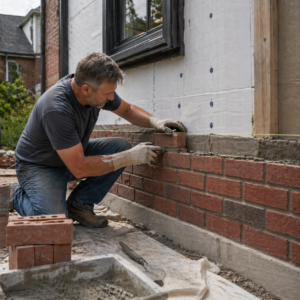 Mason installing brick veneer on a Toronto exterior wall