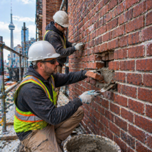 Commercial brick repair crew working on a Toronto building exterior