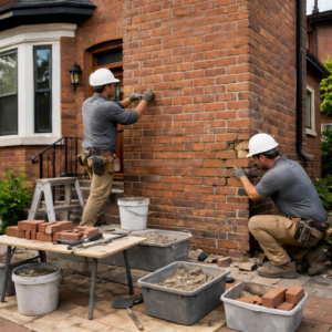 Masonry crew repairing a front wall on a Toronto home