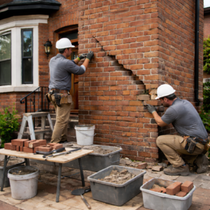 Mason repairing structural brick movement on a Toronto home