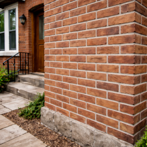 Finished brick repointing repair on a Toronto wall
