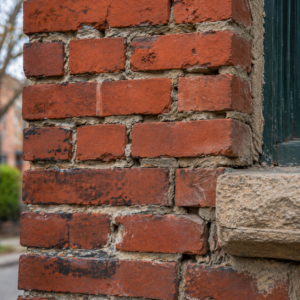 Close-up of heritage brick and mortar deterioration on a Toronto home