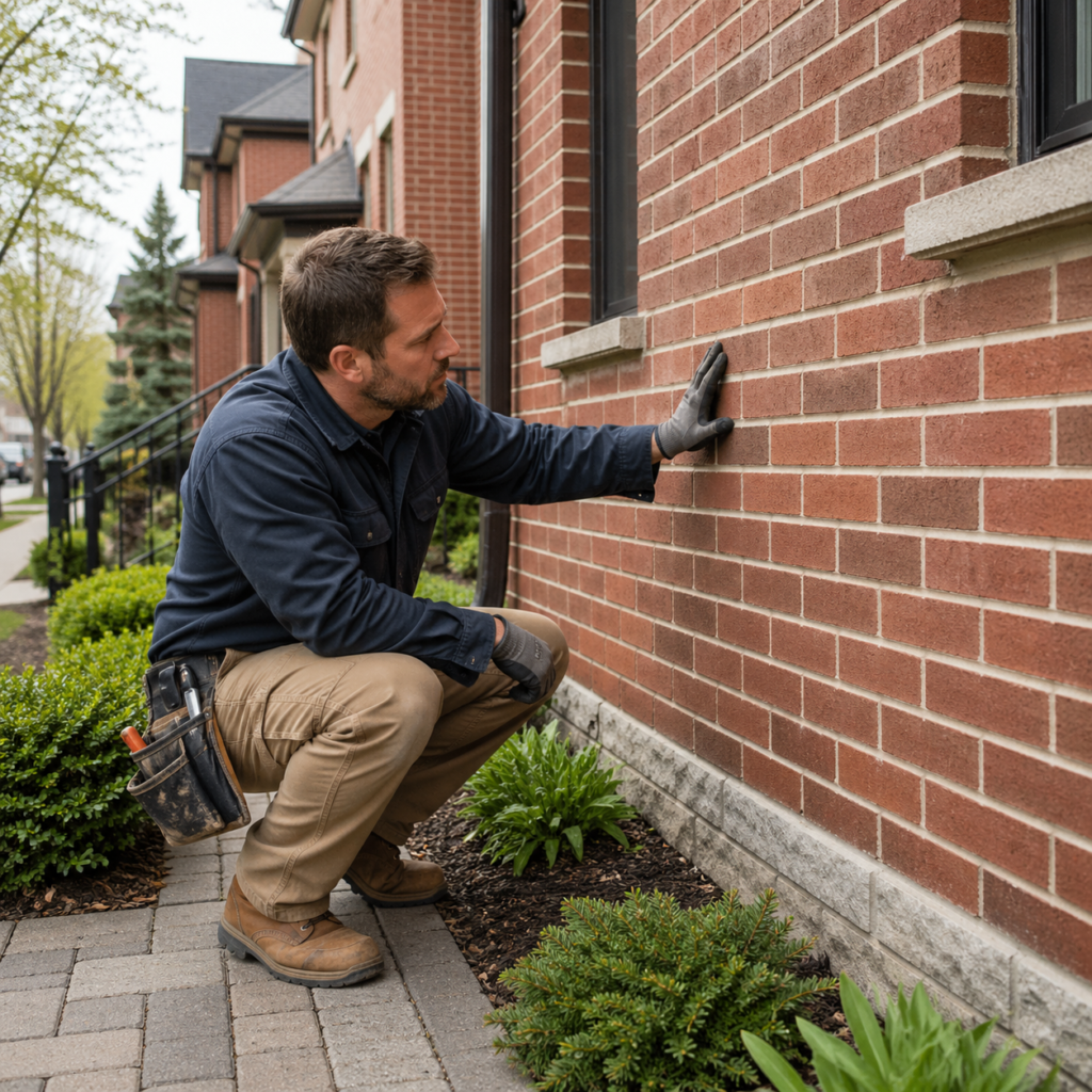 Professional bricklayer inspecting a Toronto home exterior