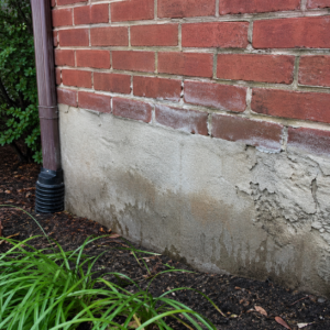 Lower wall brick and foundation area on a Toronto home showing moisture-related wear