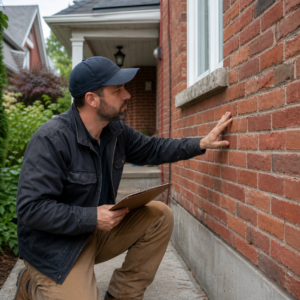 Mason inspecting brickwork on a Toronto home during a free estimate