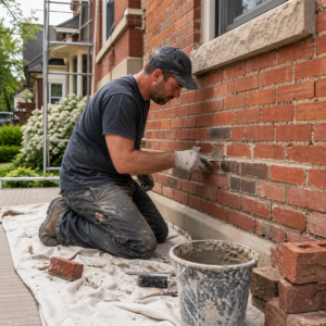 Mason restoring a visible brick wall on a Toronto home