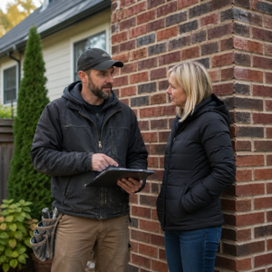 Mason discussing masonry estimate details with a Toronto homeowner