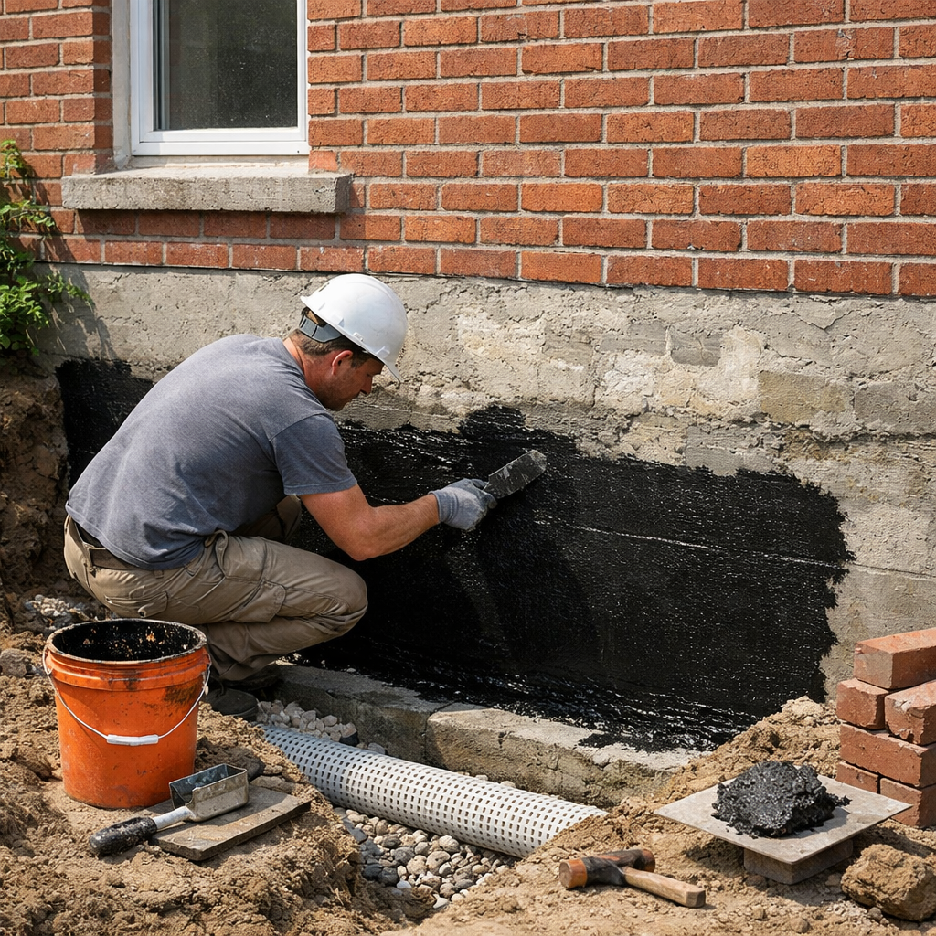 Masonry contractor waterproofing a Toronto home foundation