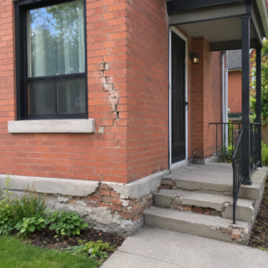 Toronto home exterior with masonry damage near a window and steps.